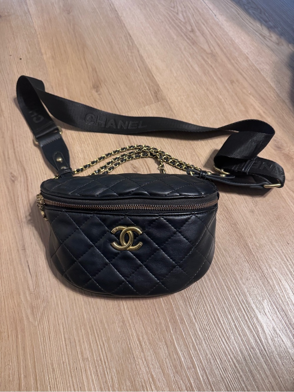 CHANEL Black Quilted Leather Crossbody Belt Bag with Gold Hardware